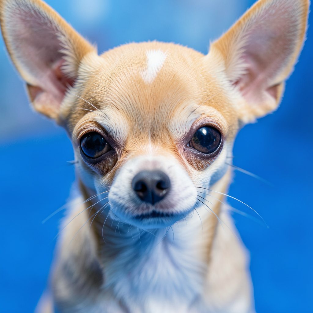 A close-up portrait of a small chihuahua with short tan fur and alert expression, warm natural light in beige and soft brown tones.