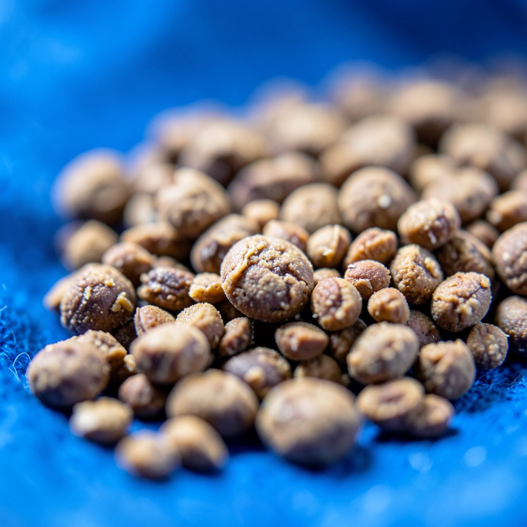 Extreme close-up of golden-brown dry dog kibble pieces, warm amber and tan tones, soft natural light, cozy kitchen mood.