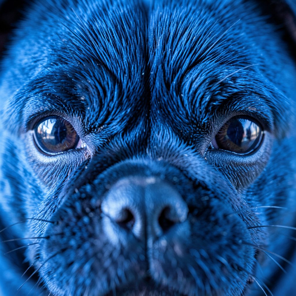 An extreme close-up of a pug's large dark eyes and wrinkled brow, soft cream and gray tones, gentle and endearing mood.