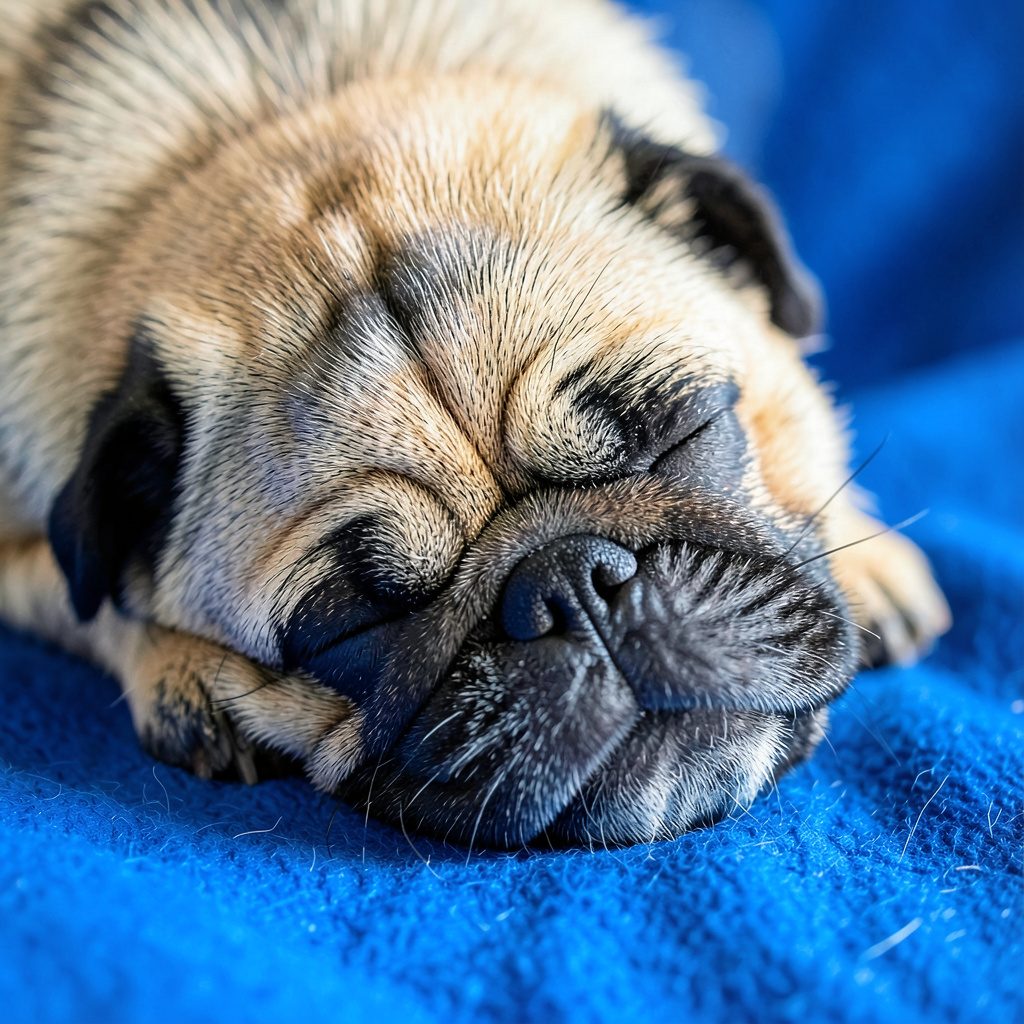 A sleeping pug curled up on a soft blanket in warm cream and fawn tones, calm and restful mood.